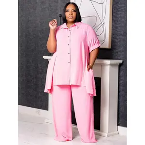 Two Piece Set 5XL  Solid Button T Shirt Wide Leg Pants