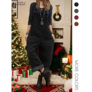 Women's Solid Button Pocket Corduroy Overalls Jumpsuit without Tee, Casual Sleeveless Jumpsuit for Fall & Winter, Women's Jumpsuit for Daily Wear