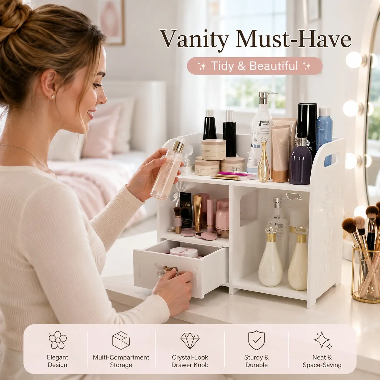 White Makeup Organizer with Mirror & Drawer, Desktop Cosmetic Storage Box with Dustproof Cover, Cosmetics Organizer Storage, Large Capacity Multi-Compartment Skincare Organizer for Vanity, Bathroom Counter, Dressing Table