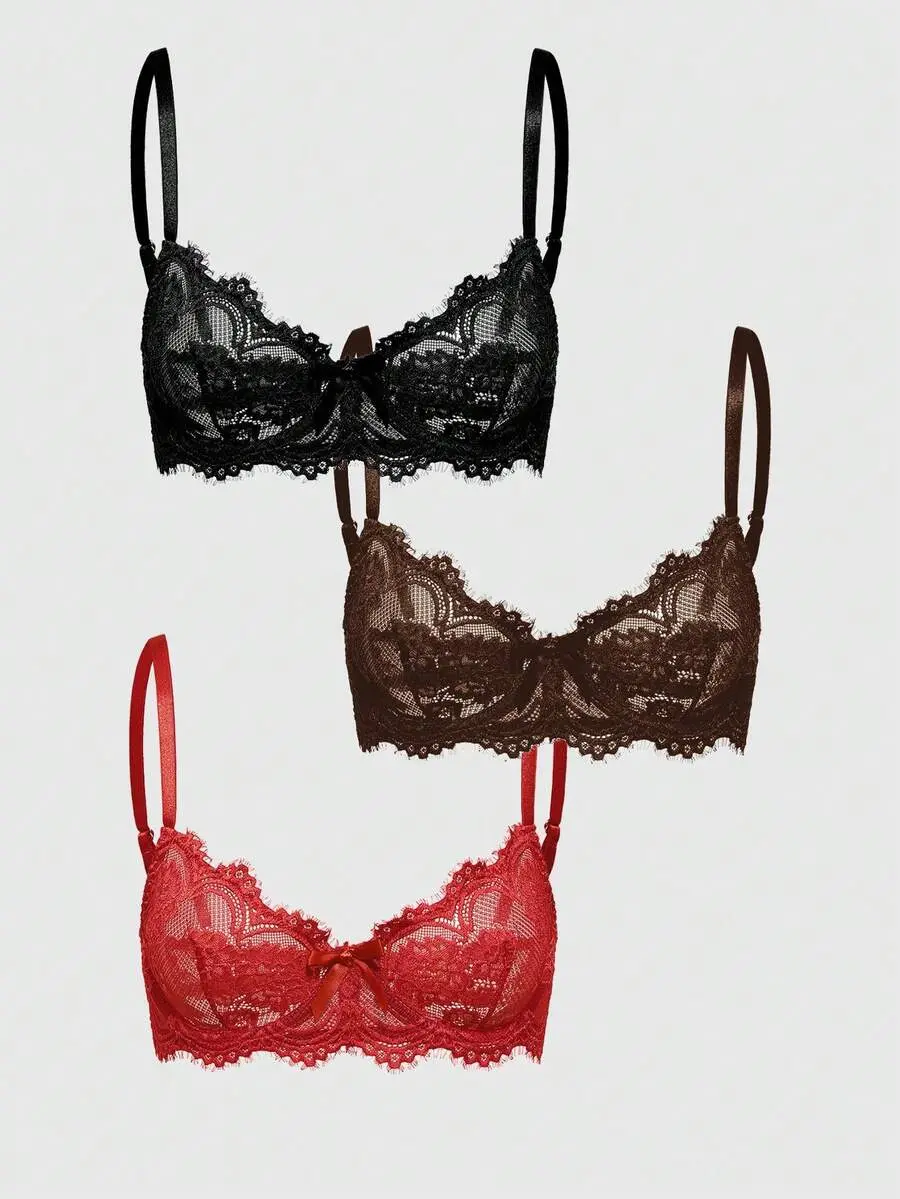 Seduluxe 3pcs Set Casual Lace Trim Wire-Free Bralette