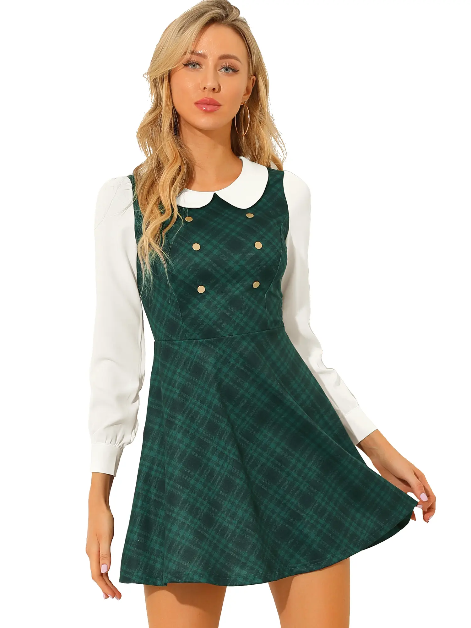 INSPIRE CHIC Women's Peter Pan Collar Contrast Color Preppy Fit and Flare Plaid Dress