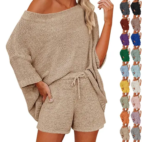 Goranbon Women's 2-Piece Retro Knitting Comfy Suit - Off-Shoulder Spandex Pullover Tunic Top, Drawstring Shorts, Nightwear Loungewear for Summer Lounge & Pajamas