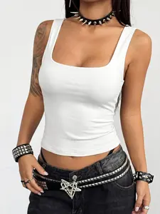 Women's Black White Square Neck Sleeveless Tank Top 2026 Y2K Goth Slim Fit Stretchy Cropped Cami Top With Wide Straps Casual Going Out Streetwear Summer Daily Trendy Outfits Viral TikTok Made Me Buy It