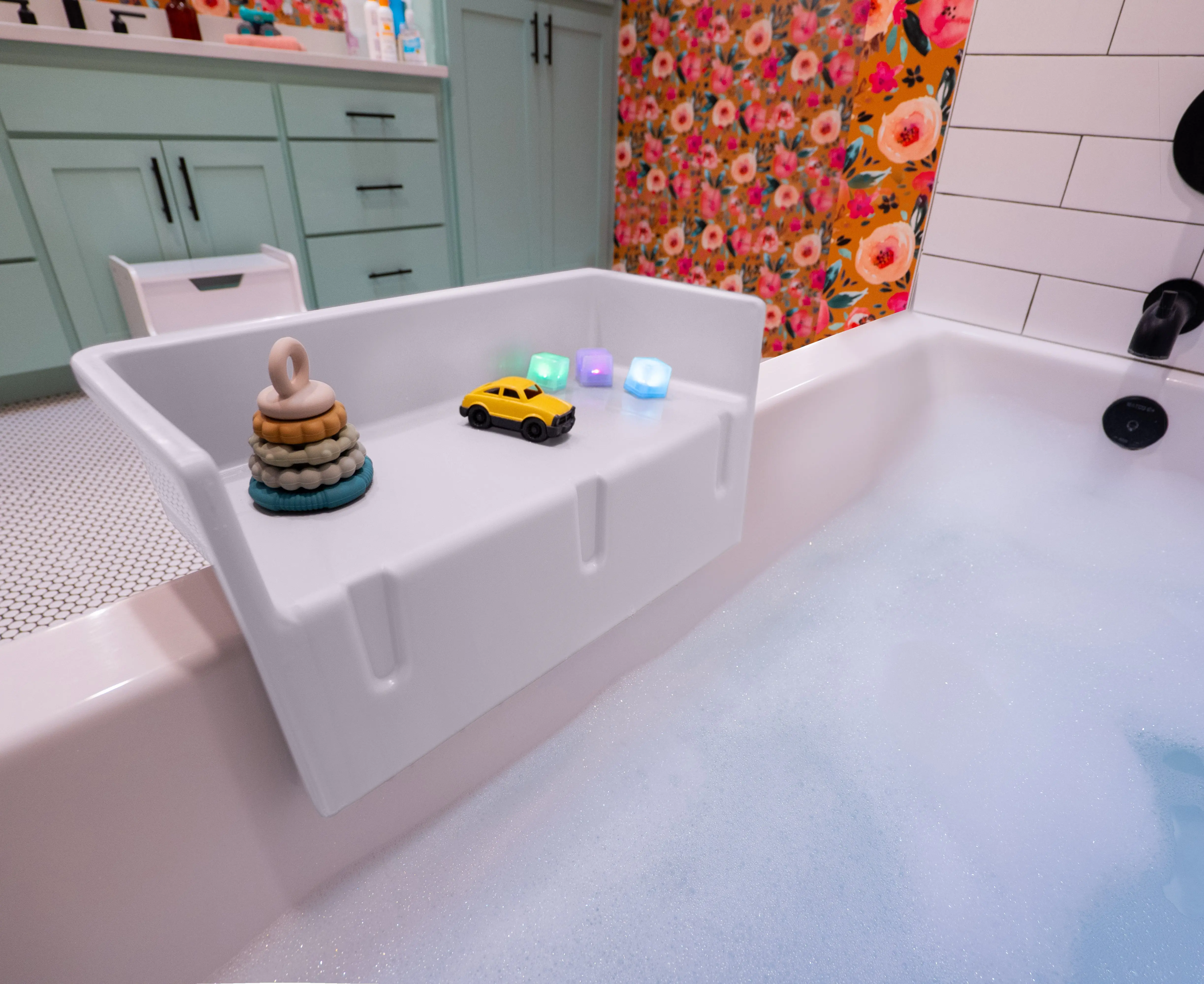 Tub Topper Mini Bathtub Splash Guard for Kids & Toddlers - Tub Tray Shelf for Bath Toys - White