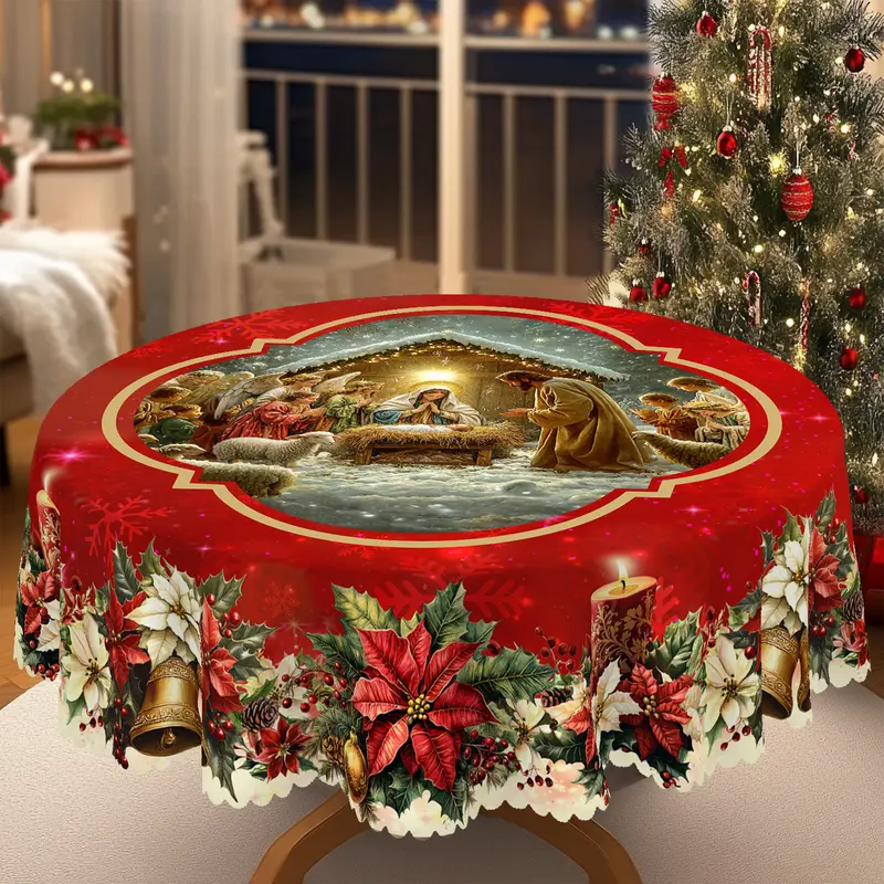 XEXSIN Vintage Christmas Decoration Print Tablecloth - Self-Adhesive Overlay Table Cover, Fits Round and Rectangular Tables, Features Bell, Poinsettia, Jesus Birth Scene, Holiday Theme Home Gift (Home & Party Supplies)