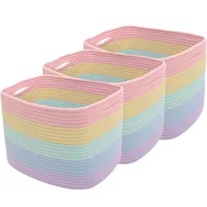 BEIDUOLE Set of 3 Cute Rainbow Storage Baskets for Toys, Clothes & Laundry – Colorful Cotton Rope Baskets for Home Room Decor, Shoe Organizers, with Hand-Woven Pastel Unicorn Design