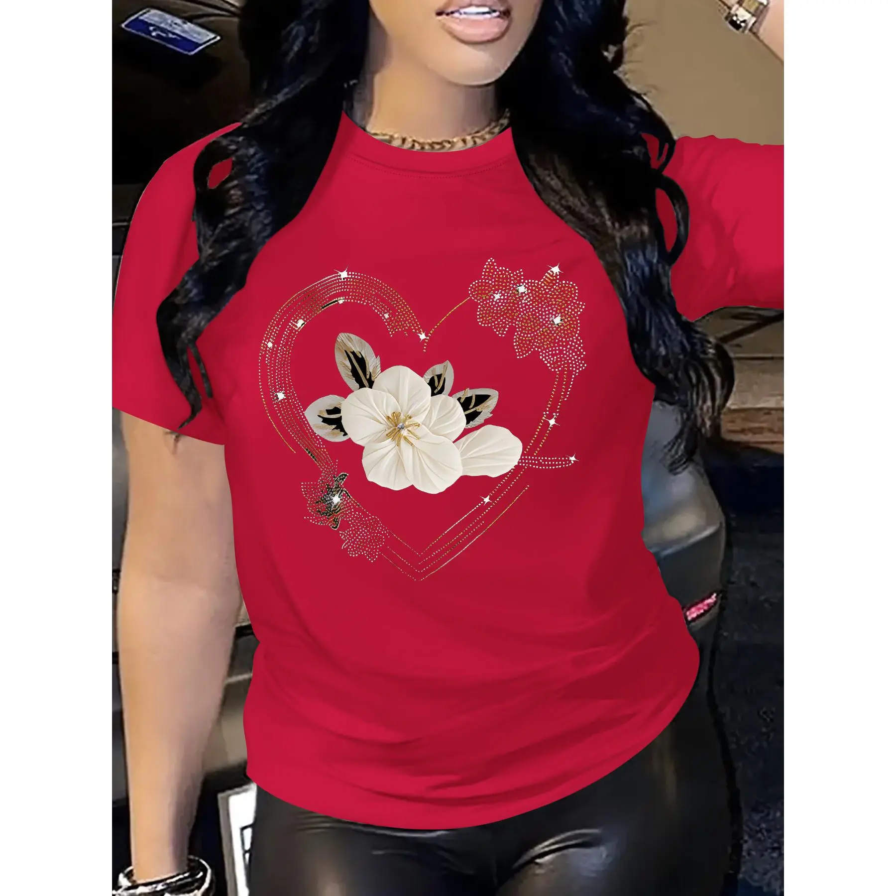 [Floral Heart T-Shirt] Women's Casual y Short-Sleeve T-Shirt - Breathable Comfort Fit with Heart Floral Print, Round Neck, Machine Washable, Spring Summer Essential, Ladies T Shirts, Durable Fabric, Warm Weather Top, Short Sleeve Top, Soft Material