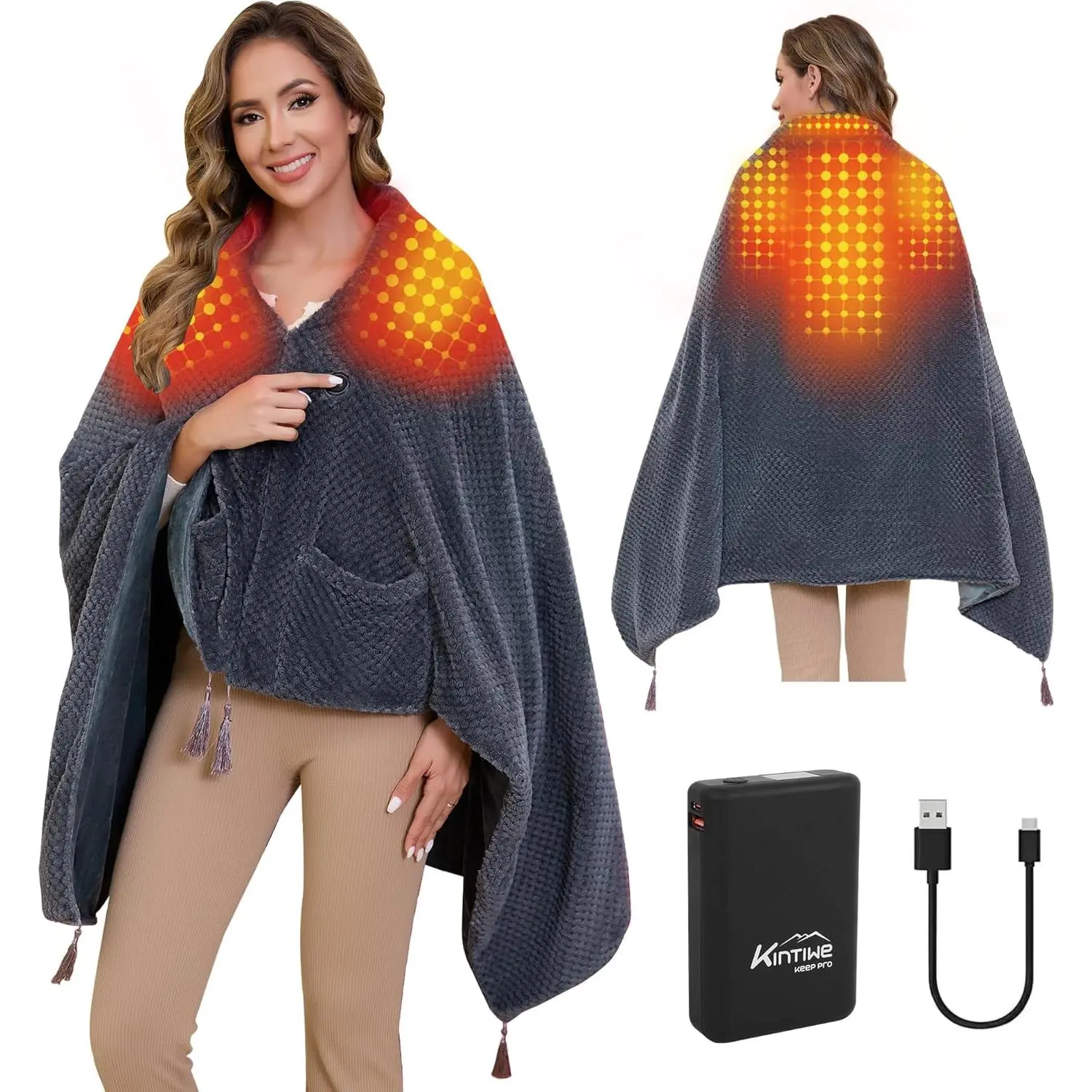 Heated Blanket Throw Battery Operated, Portable Cordless Heated Shawl Ponchol with 4 Heating Areas & 3 Heating Modes,Electric Wearable Heating Pad for Neck