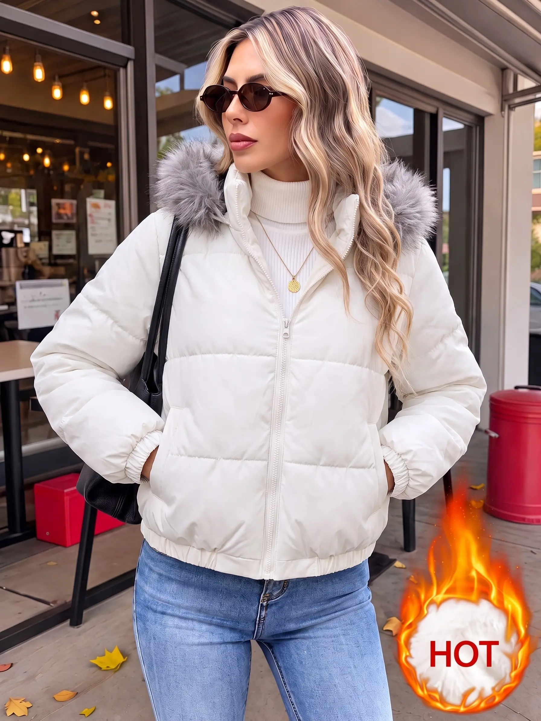 Women's hooded jacket with a fleece lining that is soft and skin-friendly.The hat features a large hood and a detachable design, elastic cuffs at the sleeves, and practical side pockets on both sides, making it suitable for winter commuting, shopping trip