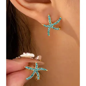 Four Leaf Clover Fashionable Elegant Exquisite Beach Resort Ocean Blue Gemstone Starfish Earrings for Women - 1 Pair with Unique Motif Design. New