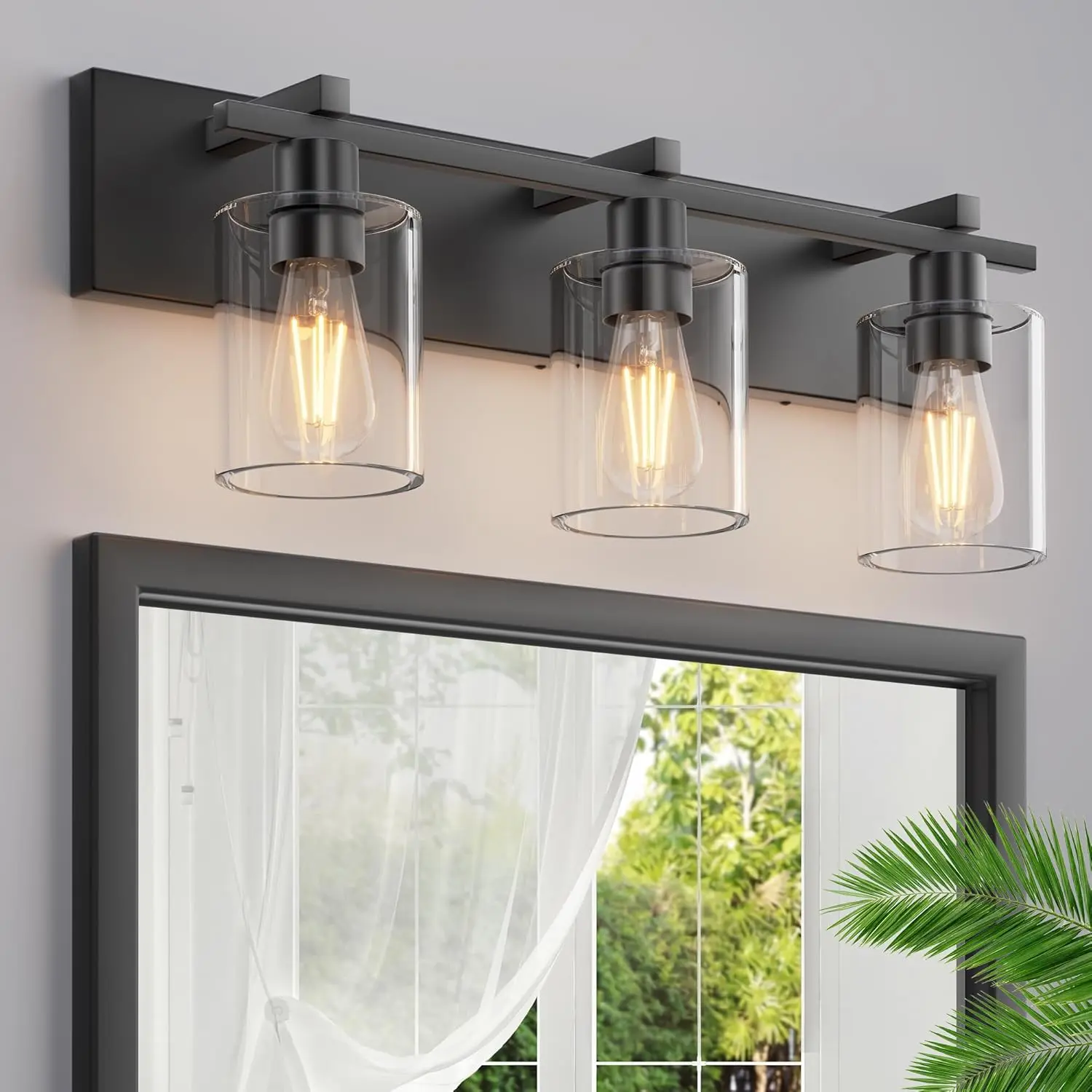 Bathroom  Light,3 Light Matte Black Light Fixture with Thickened Clear Glass Shade, 21 inch Modern Wall Sconce, Bathrooms  Light Over Mirror for Bathroom
