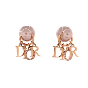 Pre-owned Christian Dior Tribales Dangle Dior Logo Stud Earrings Metal with Faux Pearls and Crystals by Rebag