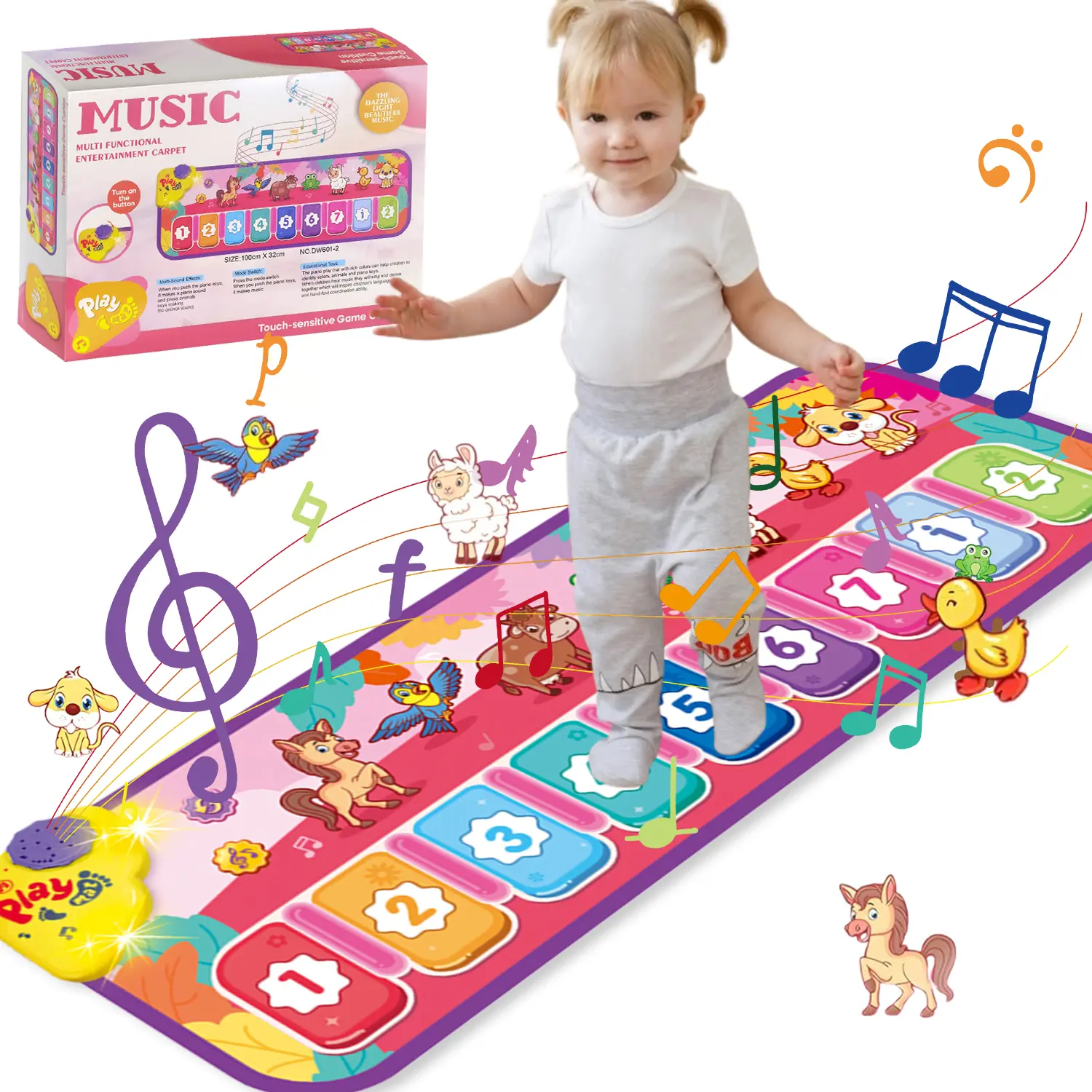 Toddler Floor Piano Mat - Pink Foldable Musical Toy with Lights, Flashing Light, Soft Fabric, Adjustable Volume, Animal Sounds, Educational Sensory Gift for 1-3 Years Old Birthdays & Holidays