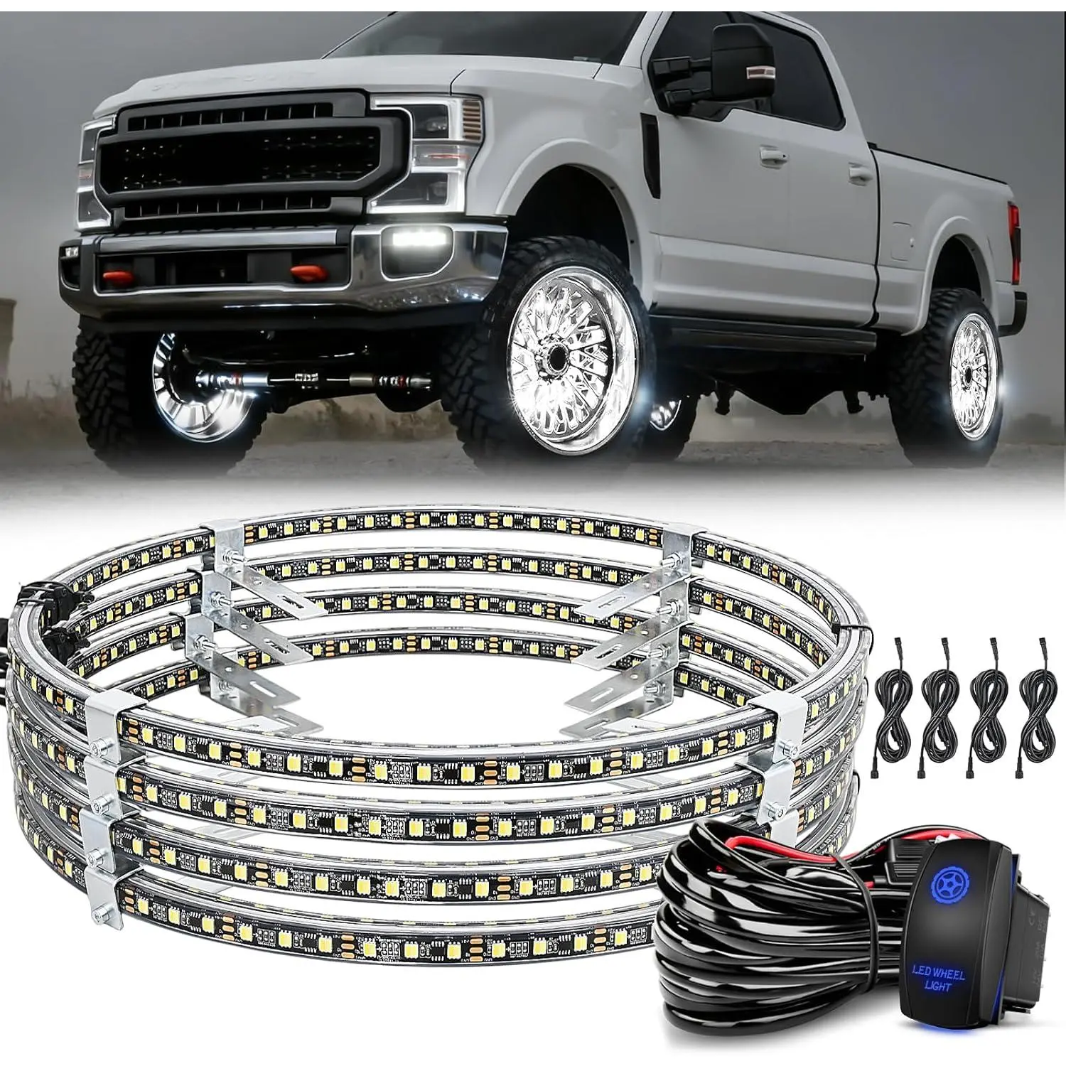Nilight 4PCS 15.5in Double Row Pure White LED Wheel Ring Lights, Truck Accessories, with 1x 5-Pin Rocker Switch Wiring Harness, Cable Ties, 13ft/160in Cable, 1x Instruction Manual for Cars, SUVs, Automotive Car Light, Rock Lights For Trucks