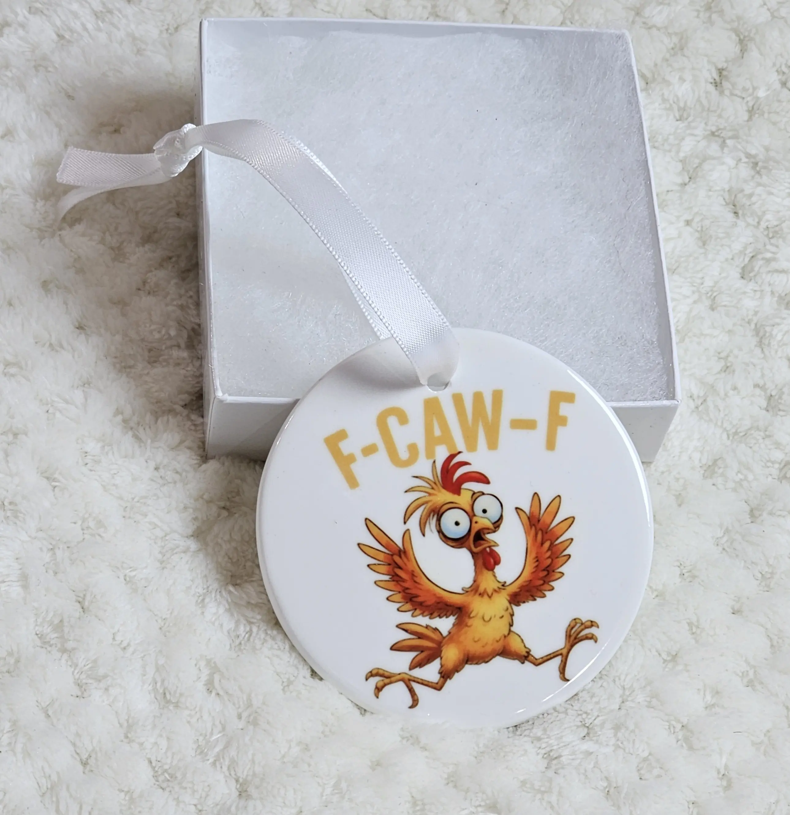 FCAWF FUNNY CHICKEN ORNAMENT Ceramic Sublimated Humorous Design for Home Office Decor 2.75 x 2.9 x .125 Inches Whimsical Gift Idea