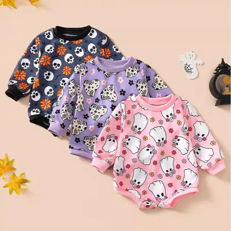 Baby Halloween Skull Flower Print Long Sleeve Onesie for Newborn Infant Boys Girls