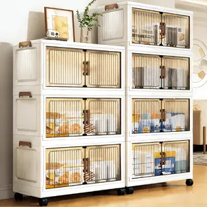 4/5/6-Tier Stackable Storage Cabinet with Casters, Collapsible Plastic Organizer, Multi-purpose Household Rolling Storage Bins with Handles, Space Saver Foldable Storage Containers, Easy to Assemble, Perfect for Living Room, Office & Dorm Storage
