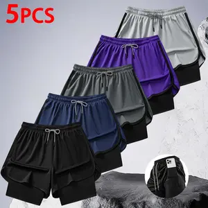 Men's 2-In-1 Compression Technical Double-Layer Custom-Fit Shorts, Anti-Exposure Sports Style, Elastic Waist With Braided Drawstring, Side Contrast Edge Trim, Meshed Breathable Fabric, Curved Split Hem For Running, Technical Men's Shorts, Meshed Men's Sho