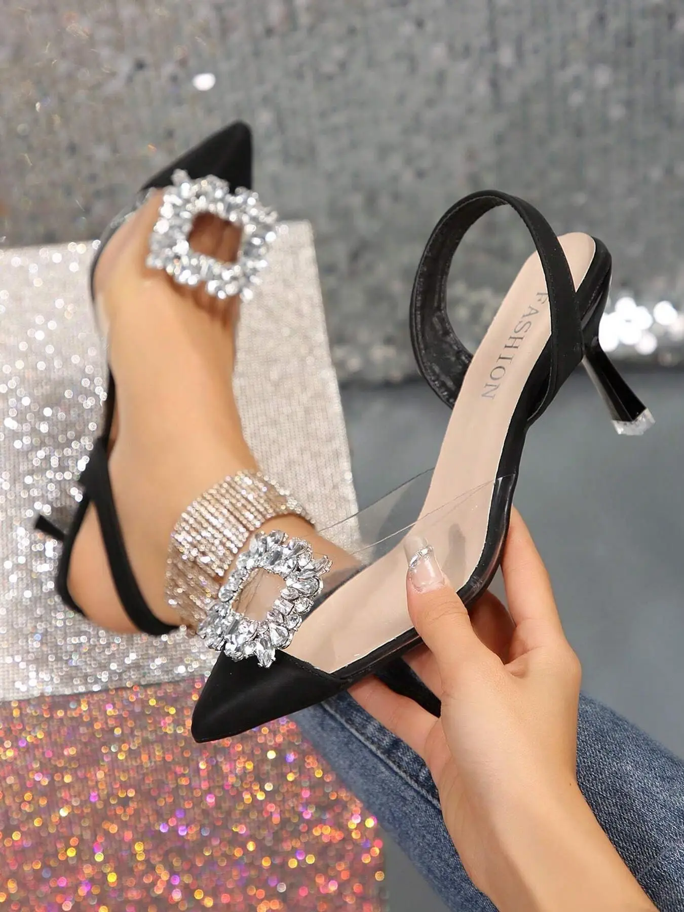 Women's Artificial Crystal Decorated Stiletto Heels, Prom Sandals, Elegant Pointed Toe High Heels for Party, Banquet, Rhinestone Sandals, Prom Shoes,