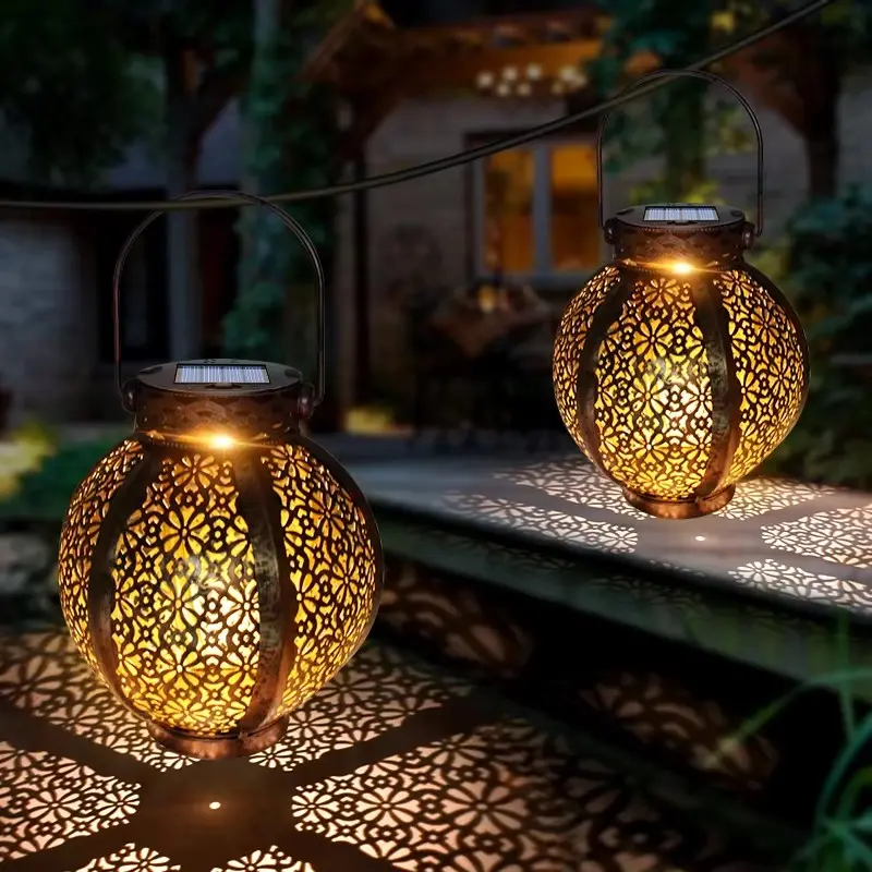 Solar Pendant Light Outdoor Waterproof, LED Moroccan Metal Garden Lantern, Handle Included, Solar Desktop Lamp, Courtyard Decor, Outdoor Decorative Lights