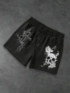 Unisex Loose Fit Skull Rose Thorn Cross Print Shorts, Gothic Punk Street Style Sporty Shorts with Drawstring Waist
