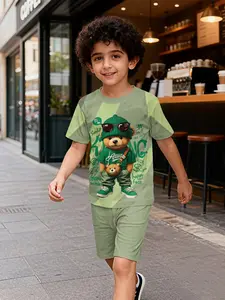 Two-piece Boys' Trendy Bear Themed Outfit, Short Sleeve and Shorts Set, 100% Polyester Casual Loose-Fitting Suit, Summer Fun Printed Pattern, Outdoor Sports T-Shirt Set, Perfect Gift for Boys
