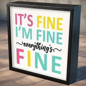 It's Fine I'm Fine Everything Is Fine Wooden Box Sign, Colorful Letter Pattern Desktop Ornament, Home Decor for Living Room Bedroom Office, Desk Signs Ornament