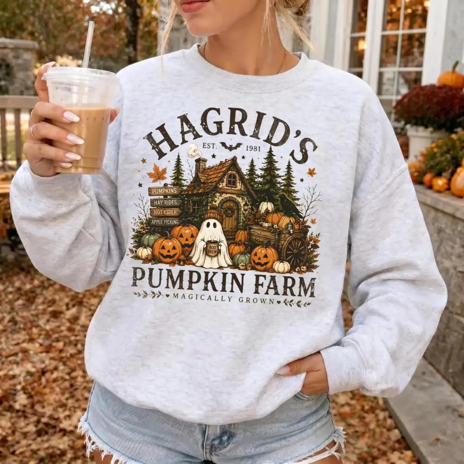 Hagrid's Pumpkin Patch Sweatshirt, Cozy Wizard Fall Crewneck, Magical Pumpkin Farm Pullover, Spooky Season Book Lovers Apparel, Aesthetic Autumn Halloween Graphic Tee, Spooky Season Birthday Gift, Witchy Autumn Outfit for Women & Men