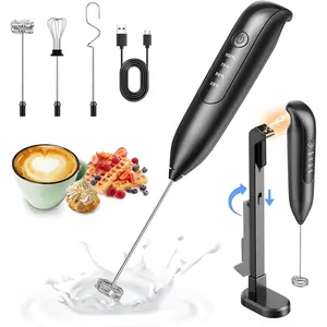Electric Milk Frother Handheld: coffee frother rechargeable 3 in 1 - LED Display, Wireless Charging - 3 Speeds, Stainless Steel Whisk for Latte, Cappuccino - Bright Grey