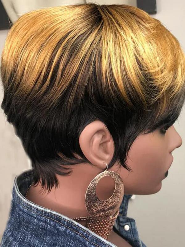 1b/27 Honey Blonde Ombre Color Short Wavy Bob Pixie Cut Wig, Full Machine-Made Human Hair, with Bangs for Women, Stylish & Versatile Design