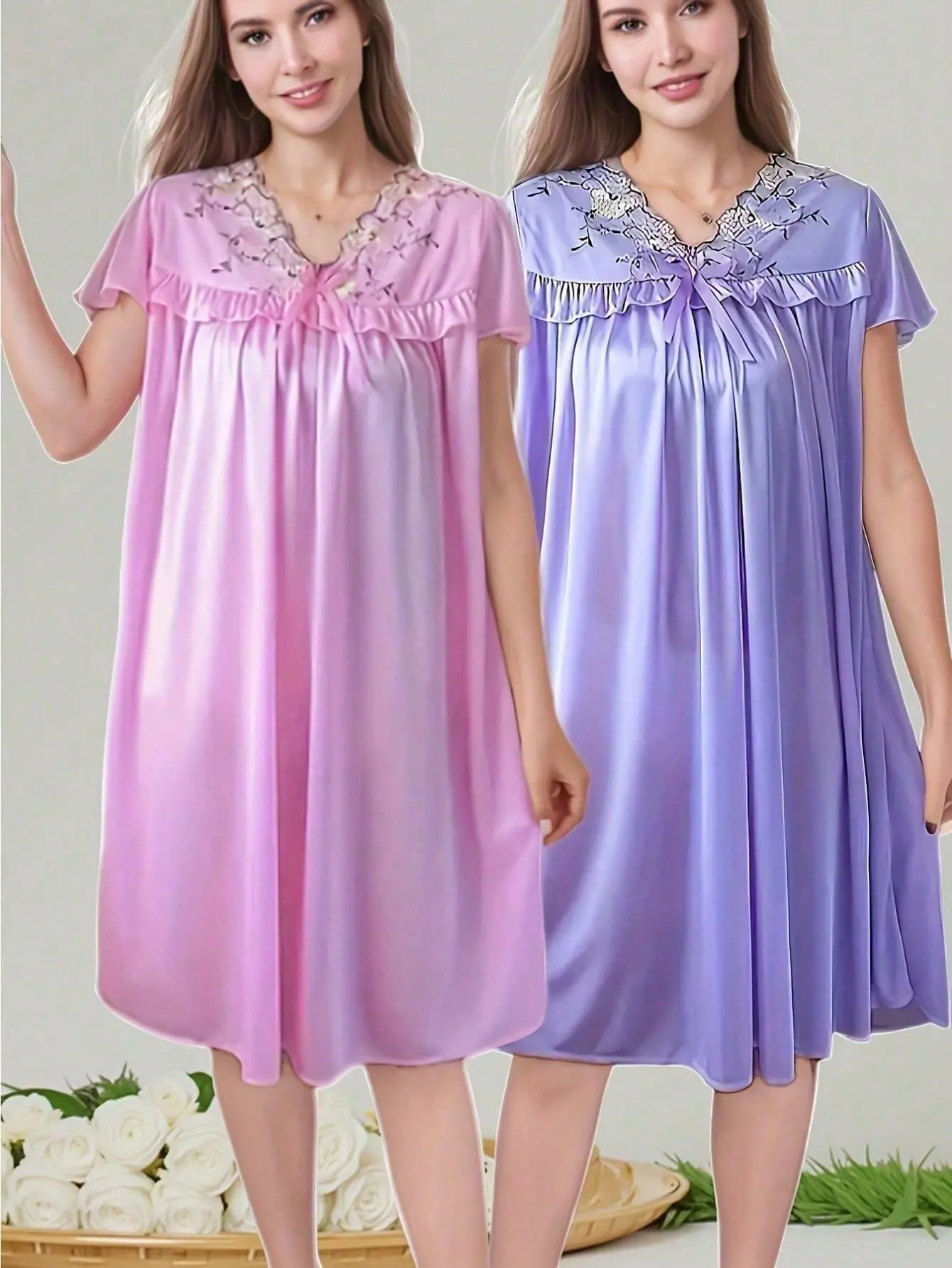 2-Pack Women's Nightgowns, Sexy V-Neck Short Sleeve Loungewear with Lace Trim, Loose Fit Sleep Dress, Shortsleeve, Oversized, Nightwear, Casual, Sleepdress, Two Pack