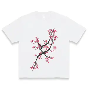 Menswear Short-Sleeve Round Neck Crew Neck T-Shirt - Unisex 100% Cotton Soft Comfortable Minimalist Cherry Blossom Floral Design Spring Casual Everyday Classic Fit Top