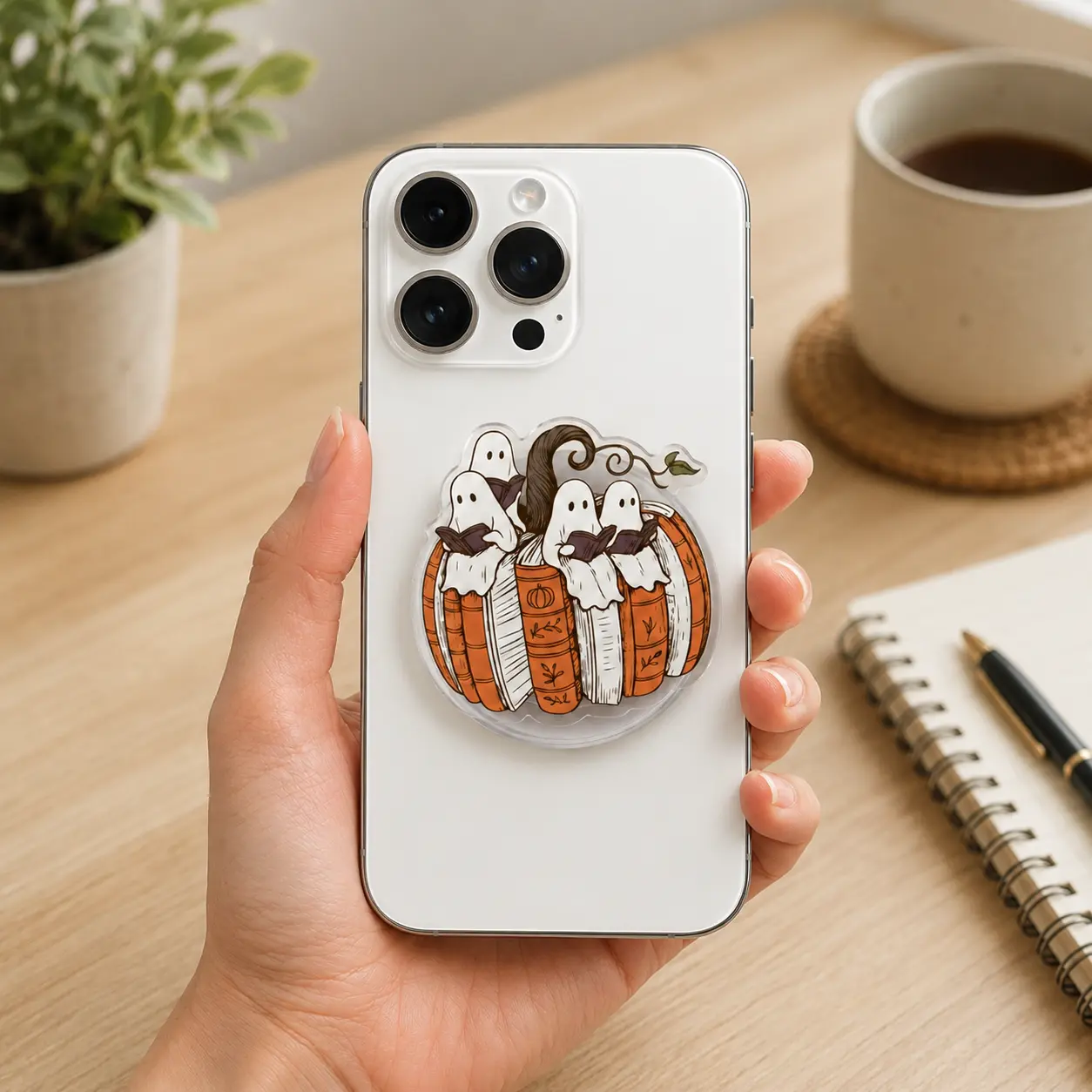 Spooky Cozy Ghost Pumpkin Book Stack MagSafe Phone Grip Magnetic Kindle Grip Cute Fall Booktok Reader Gift