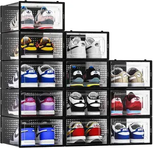 12 Pack Shoe Storage Bins, Clear Plastic Stackable Shoe Organizer for Closet, Space Saving Foldable Shoe Rack, Shoe Box Sneaker Holder Container, Black Frame