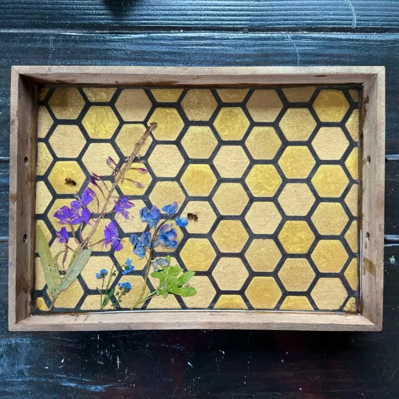 Handmade Honeycomb Bee Serving Tray 14x10 Inches Wood UV Resin Real Bees Food Safe Mosaic Centerpiece for Home Decor