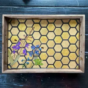 Handmade Honeycomb Bee Serving Tray 14x10 Inches Wood UV Resin Real Bees Food Safe Mosaic Centerpiece for Home Decor