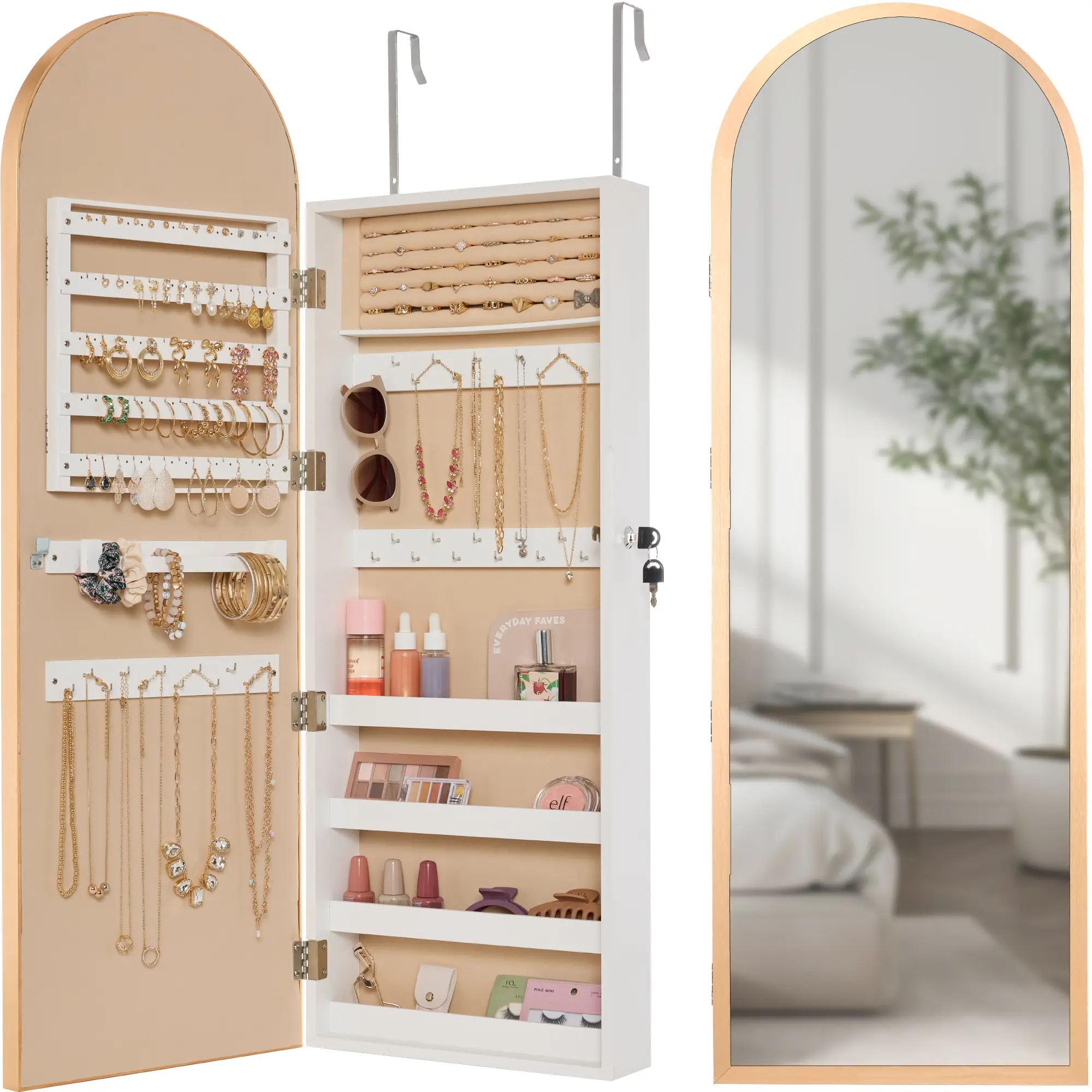 Best Choice Products Door/Wall Mounted Arch Mirror Jewelry Armoire, w/ Metal Frame, Lockable Door