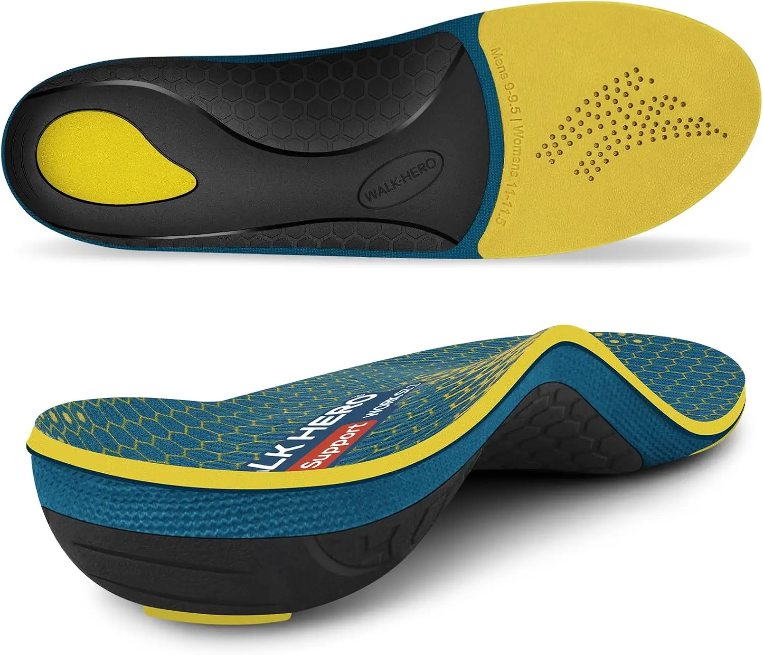 Walkhero Arch Support Inserts for Men & Women - Plantar Fasciitis Insoles with Max Cushion, Orthotics for Heel Pain Relief, Work Boots, Standing All Day