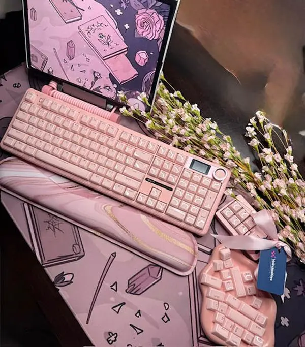Pink Wireless Keyboard Full Set - Smooth Linear Switches, Silent Typing Option, Fidget Tool, Desk Mat, Free Gift Wrapping for Work & Study (Pink Theme Complete Set)