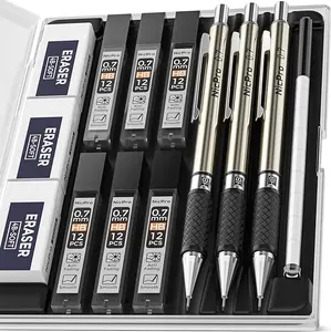 0.7 mm Art Mechanical Pencils Set in Storage Case, 3 PCS Metal Drafting Pencil Lead Pencil with 6 Tube HB Lead Refills, 3 Erasers, 9 PCS Eraser Refills for Artist Writing, Drawing, Sketching
