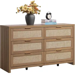 SICOTAS Rattan Dresser for Bedroom, 17.7" x 56.9" x 31.3" Size 6 Drawer Dresser with Ample Storage,Unique Engineered Wood Dressers Large Chest of Drawers for Nursery, Closet, Boho TV Stand for Bedroom, Sturdy and Durable, Easy Installation