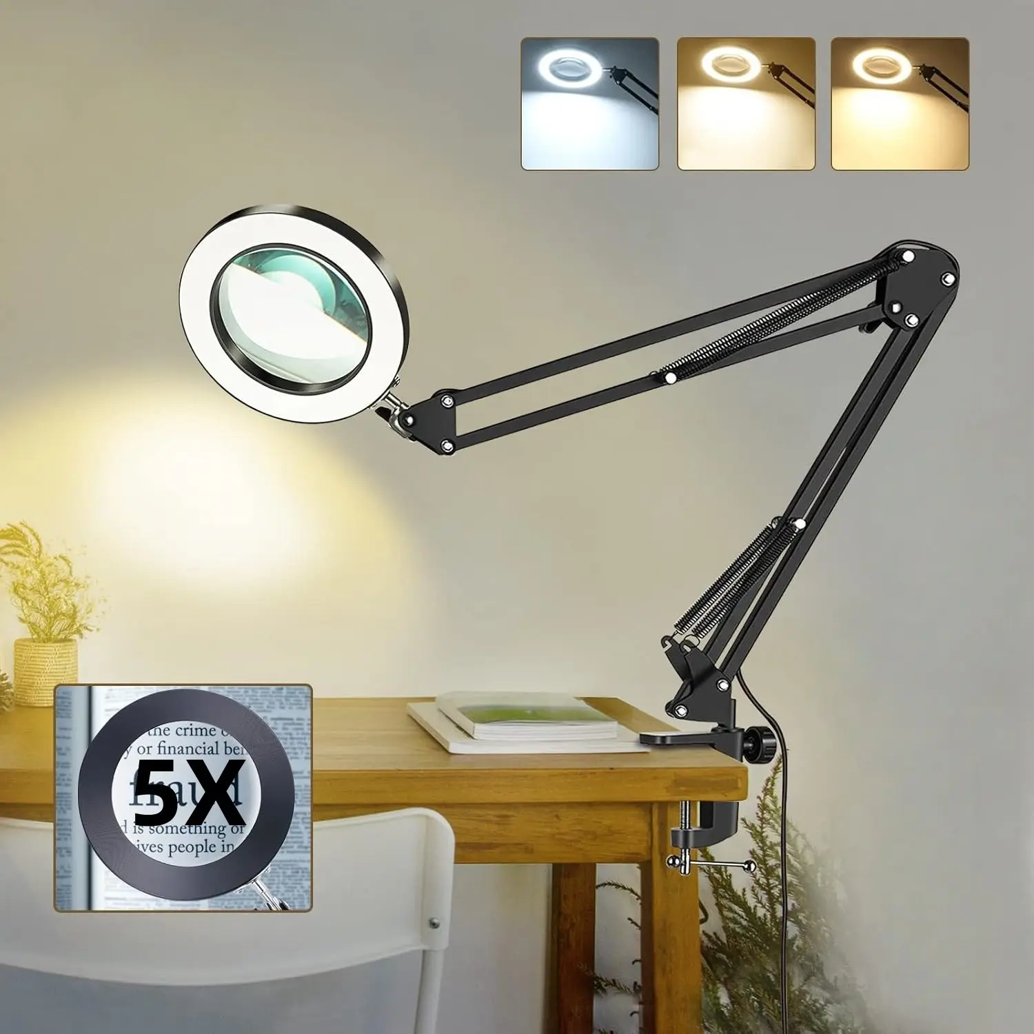 Magnifying Glass with Light and Stand, Desk Mount, Adjustable Arm and Base for Reading, Nail Art, Sewing, Precision Work, USB Powered and Energy Efficient, Office Desk Accessories, Office Desk Supplies