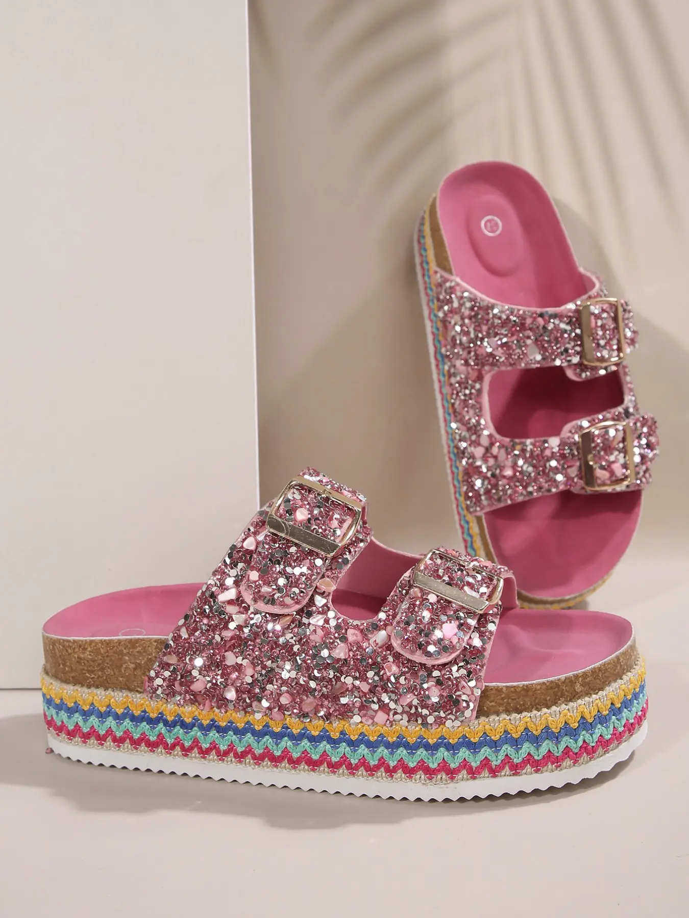 Summer New Sparkly Thick Sole Sandals, One-Strap Beach Shoes for Short Stature, Fashionable PU Upper and Rubber Sole