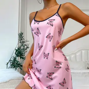 Spring/Summer Cute Sleepwear for Women - Pink Butterfly Cami Mini Dress Silky Soft Loungewear Nightie