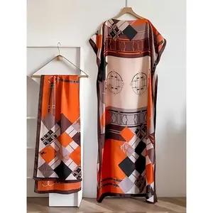 Women's Colorblock Print Long Scarf & Poncho Set, Casual Soft Comfortable Shawl for Beach Vacation, Fashion Accessories for Women & Girls, Swimwear Coverups