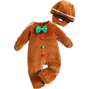 L-B038  Baby Gingerbread Costume Boy Girl Christmas Outfit Gingerbread Romper Jumpsuit Footies with Hat Cute Cosplay Outfit