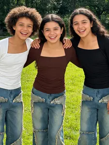 3-piece set of solid color square neck long sleeved Fitted top for female teenagers, suitable for daily leisure, music festival and party wear, fashionable and simple style, machine washable and dry cleaning, suitable for teenage clothing