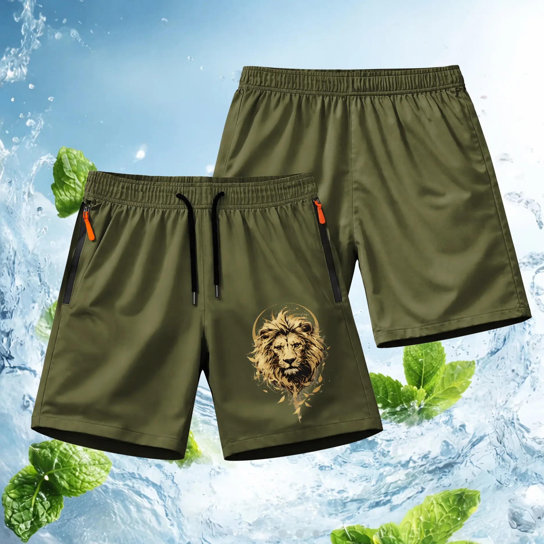 Men’s King Lion Graphic Shorts Lightweight Quick Dry Athletic Shorts – Powerful Lion Print Running Shorts with Zipper Pockets, Elastic Waist Drawstring, Breathable Workout Shorts for Fitness, Street Style, Summer Outfit