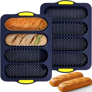 2 Pcs Silicone Bread Loaf Pan, Non-Stick Baguette Bread Pan Food Grade, 4-Cavity Perforated French Baking Mold for Homemade Bread, French Baguette, Sandwich Rolls