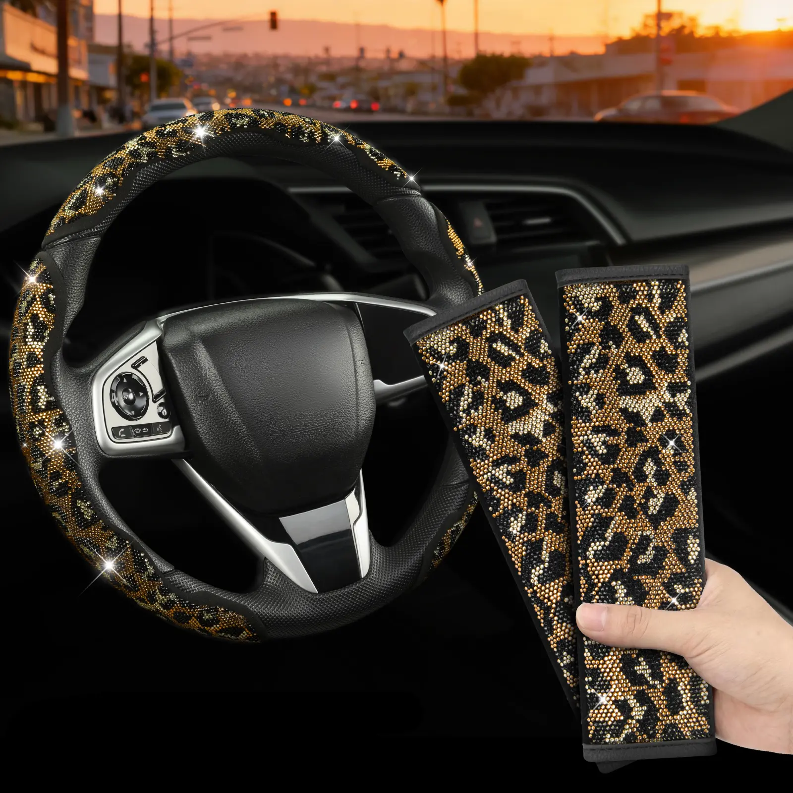 Cheetah Steering Wheel Cover&Seat Belt Cover